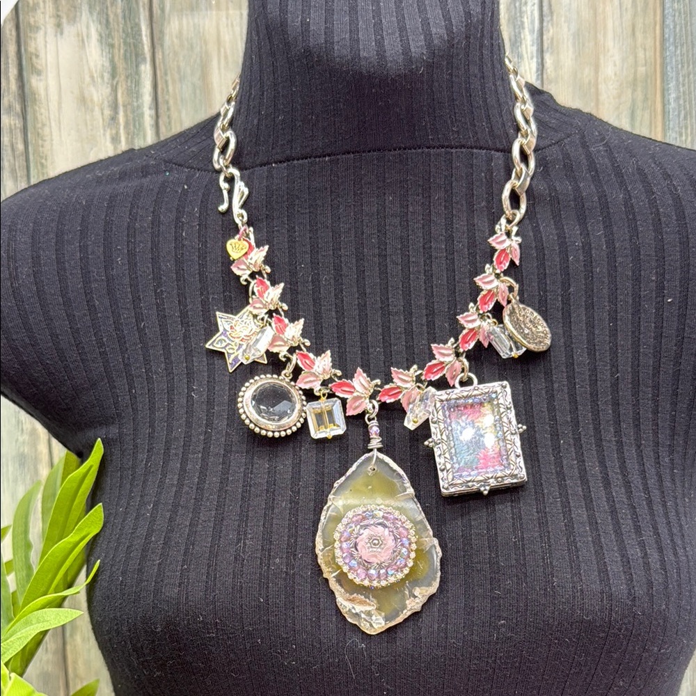👑Adorned Crown Jewelry assemblage Floral Charm Pink Silver statement necklace